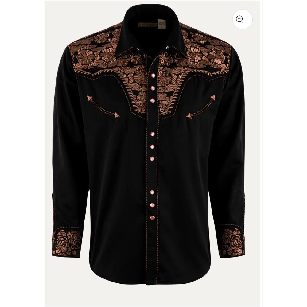 Scully Gunfighter Western Snap Front Shirt - Black w Brown Copper Embroidery-XXL